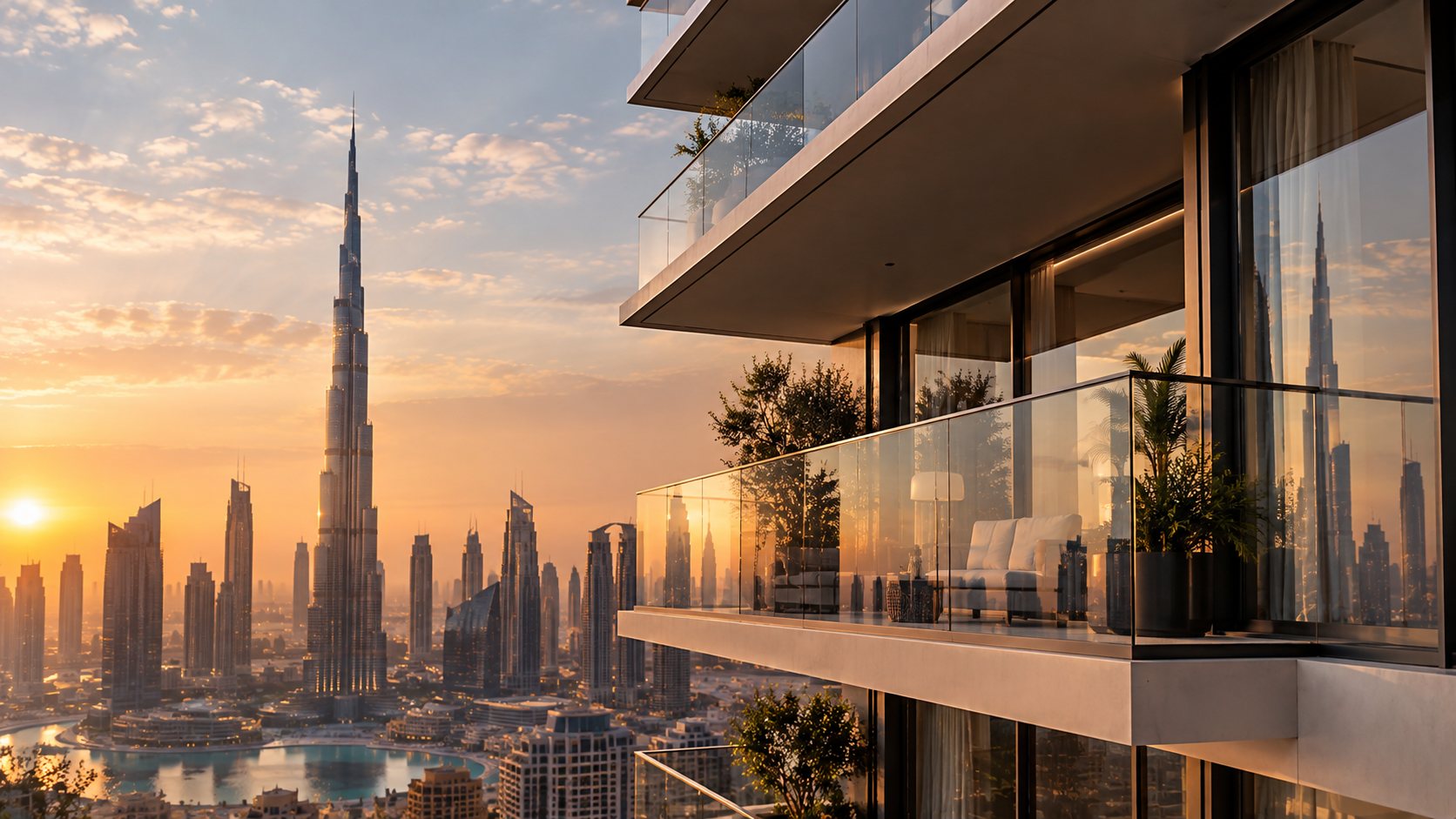 Balcony of a Dubai apartment overlooking the Burj Khalifa at sunset