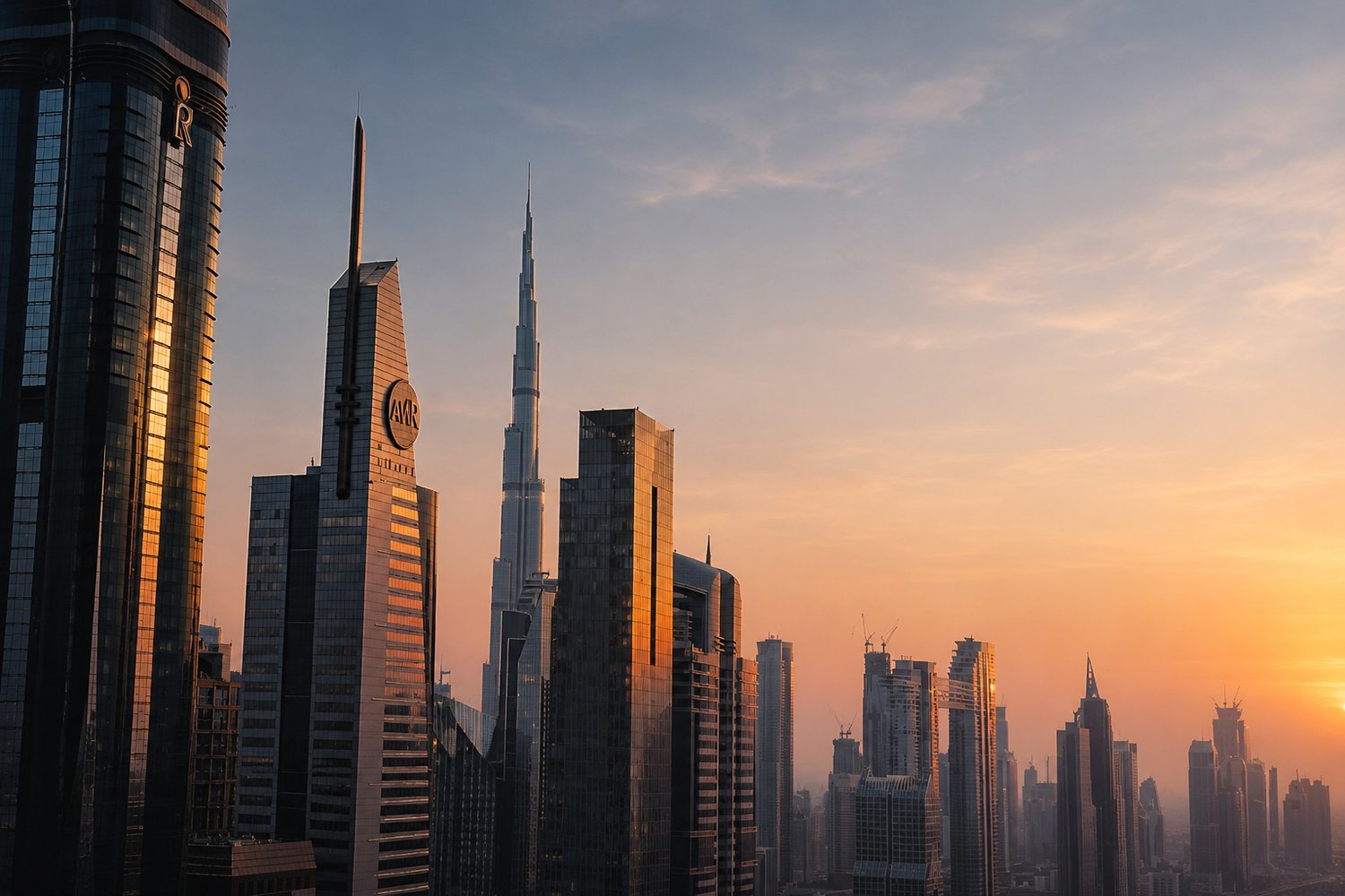Dubai skyline at sunset with the Burj Khalifa rising above Downtown towers