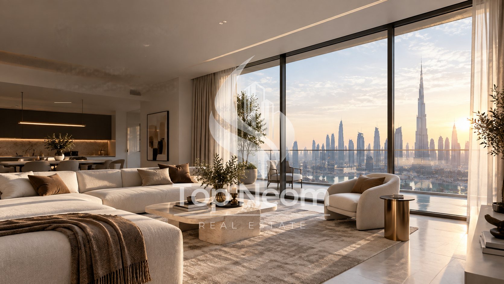 Living room of a Dubai apartment with skyline views
