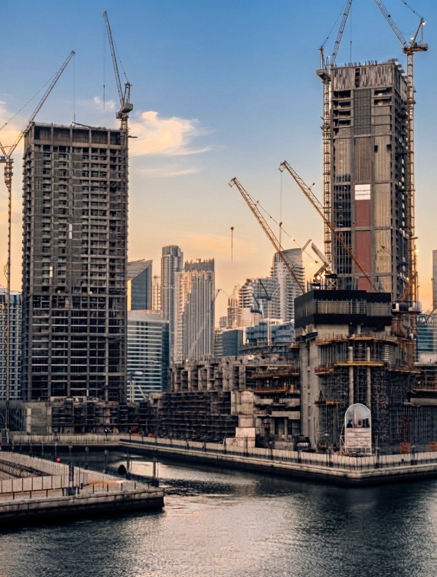 Towers under construction beside the water in Dubai at sunset